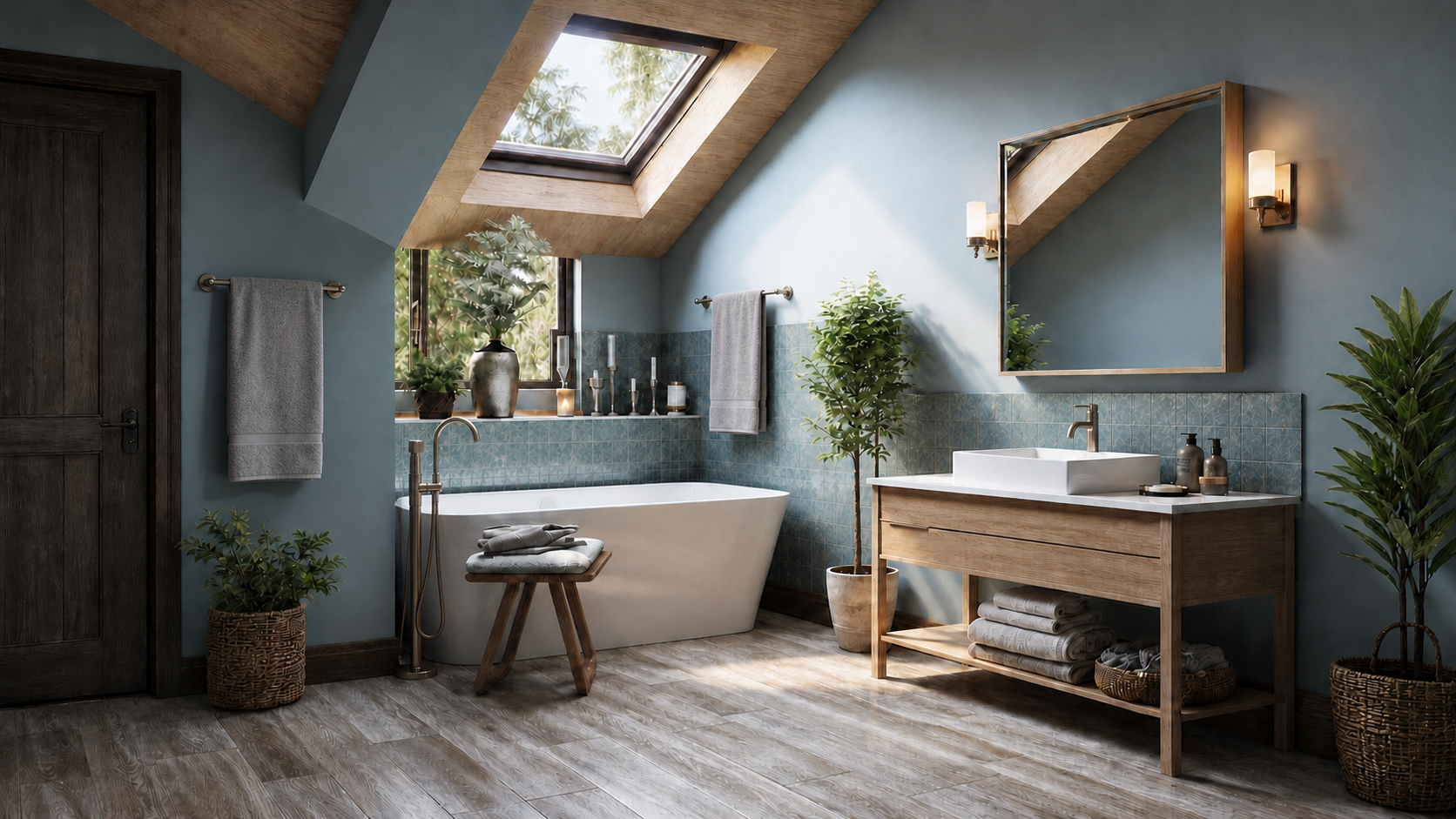 Finished residential bathroom with skylight